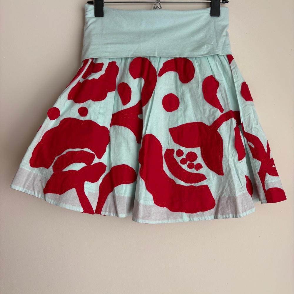 Odille Anthropologie Cotton Blue and Red Floral Foldover Waistband Skirt